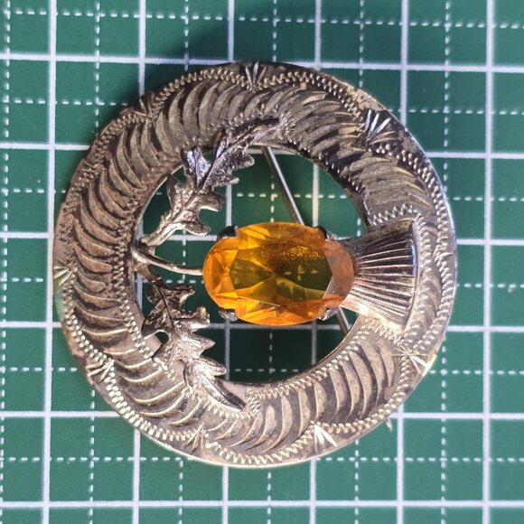 Antique 1917 Ward Brothers 925 Silver Thistle brooch w/ faceted citrine stone - Picture 9 of 9